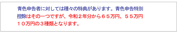 青色申告者に対しては、種々の特典がありますが、その一つに所得から最高６５万円又は１０万円を控除するという青色申告特別控除があります。